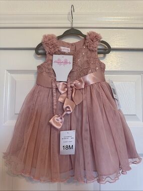 Baby Girls Rose Pink Tulle Lace Party Dress with Satin Bow infant size 18mo